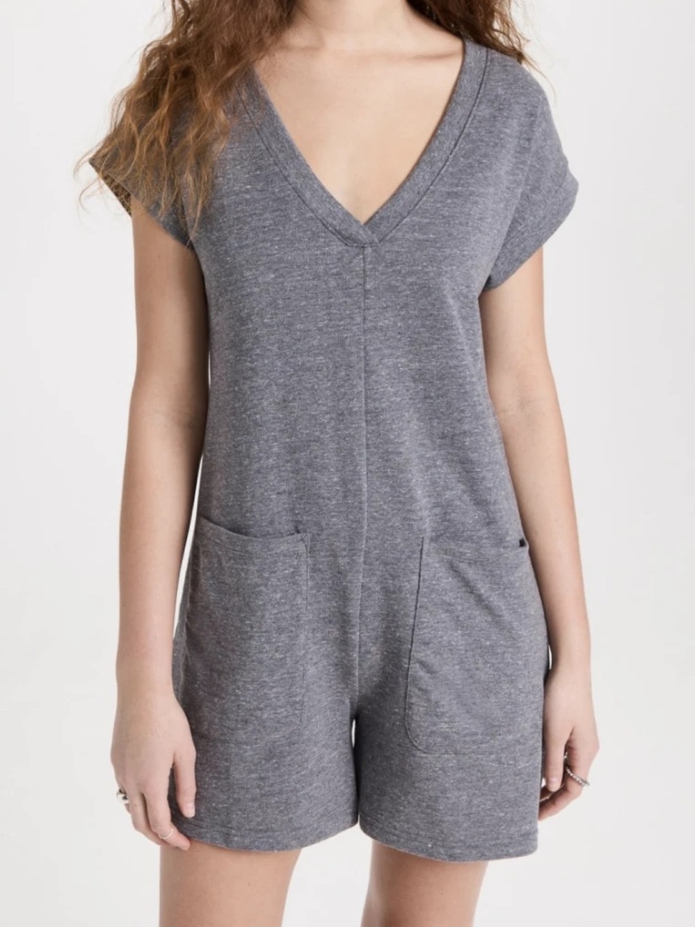 Madewell MWL Skyterry Gray Romper V Neck Patch Pocket Shorts Jumpsuit